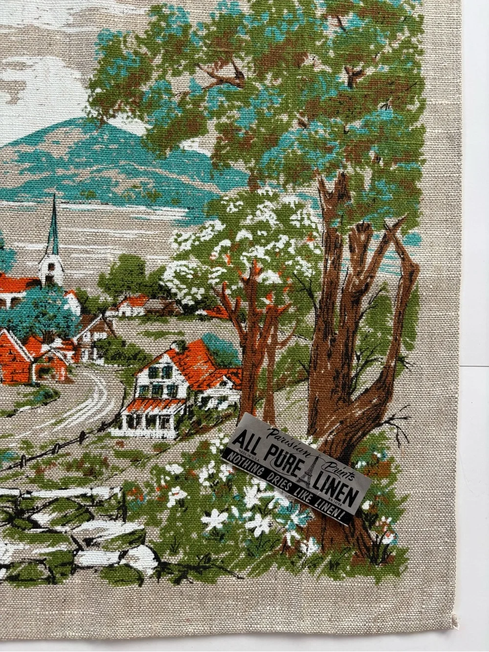 Vintage Parisian Prints Pure Linen Scenic Country Village Tea Towel